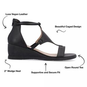 Journee Collection Black Wedge Sandals with Luxe Vegan Finish
